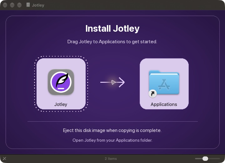 Jotley DMG content window and drag to Applications