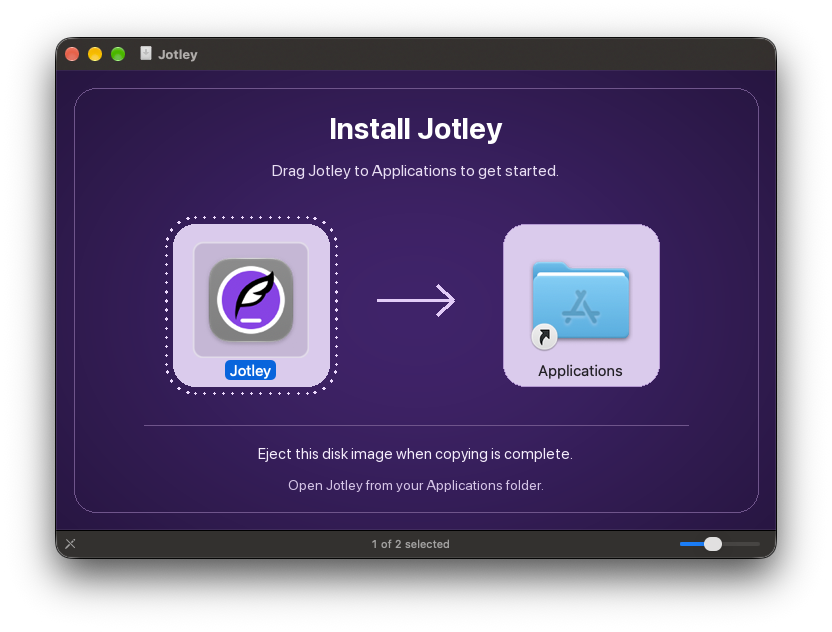 Jotley installer window, showing the app icon, Applications shortcut, and instructions to drag Jotley into Applications