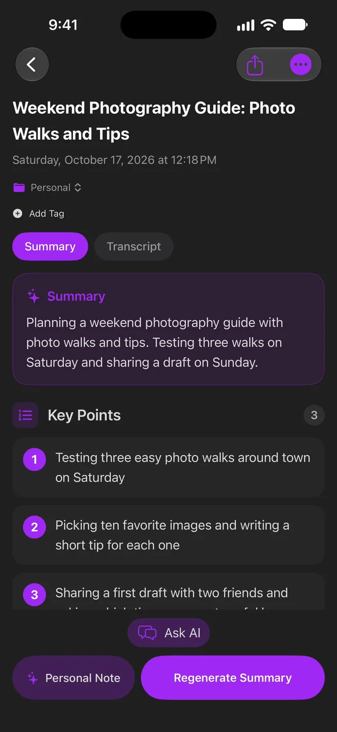 An Apple Intelligence summary in the Jotley iPhone app
